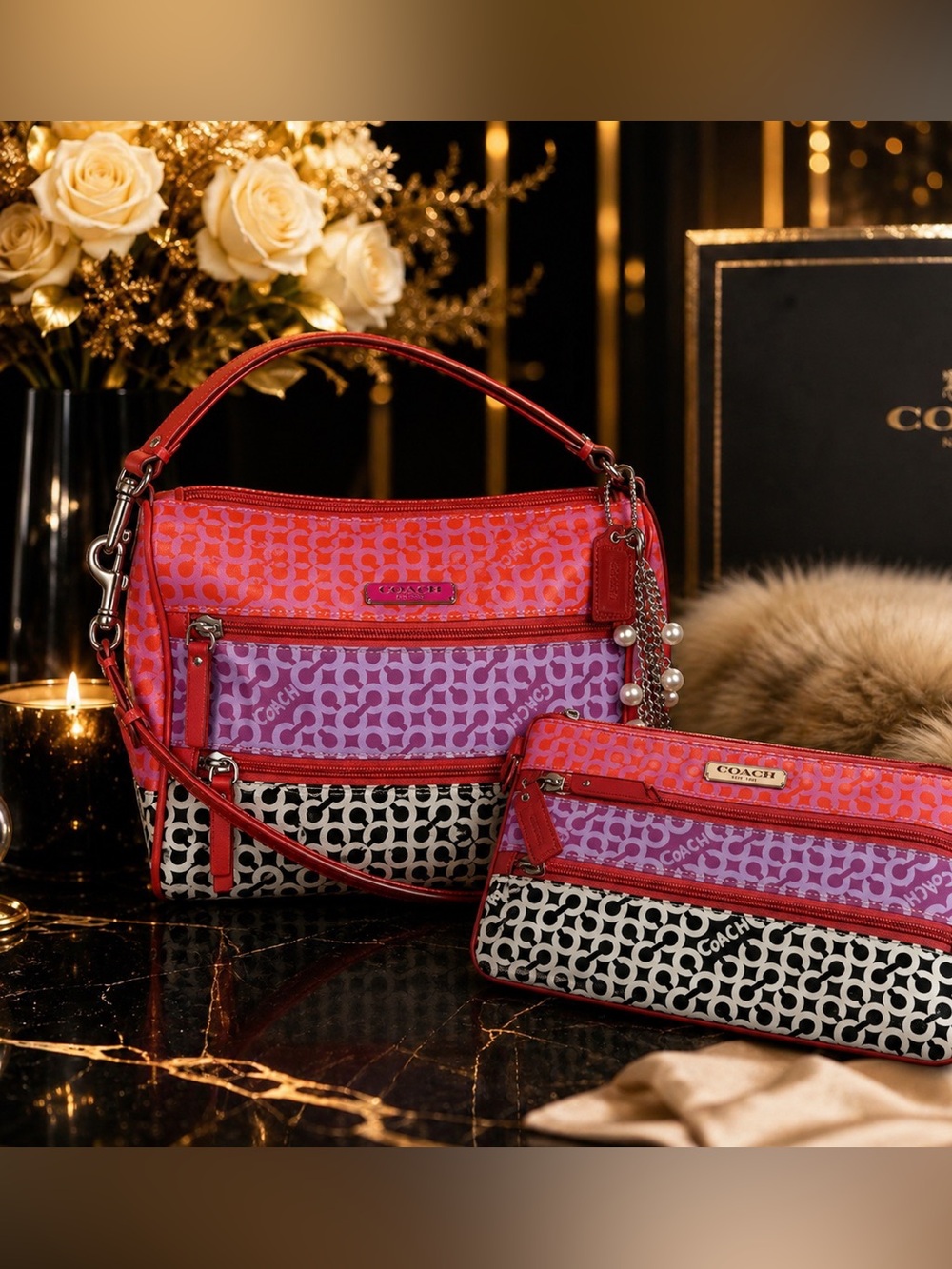 NEW! RARE Coach Op Art double zip shoulder bag and wristlet set